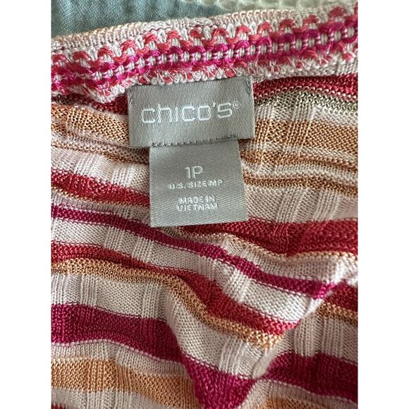 Chico's Pink Orange White Wave Striped Open Cardigan Tassels 1P Medium Petite - Picture 6 of 7